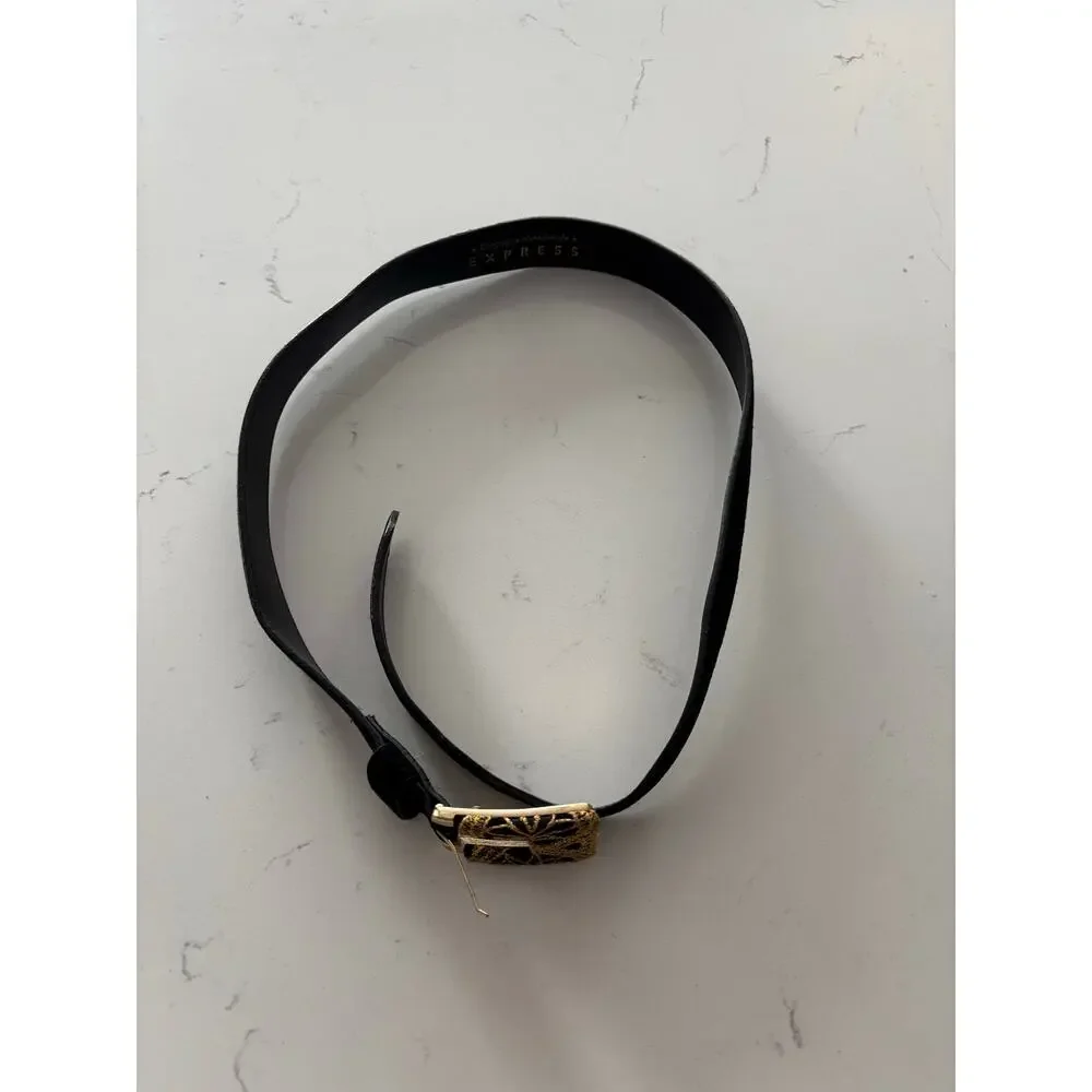 Express glam retro black belt w/ golden detail buckle sz L Whimsygoth rave